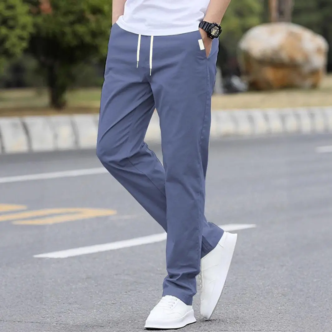 

Summer Ice Silk Straight Leg Casual Pants Men's Small Footed Nine Points Dstring Waist Cargo Trousers Neutral PU Material