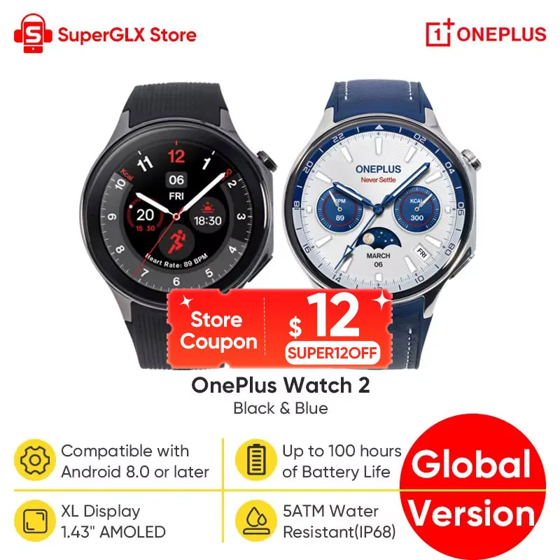 Global Version OnePlus Watch 2 Smart Watch 2GB RAM 32GB ROM 1.43'' AMOLED Display Google Wear OS 4 Dual Frequency GPS NFC Watch
