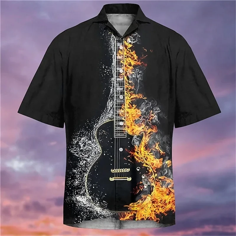 

Flame Guitar 3D Print Hawaiian Beach Shirts Men Women Casual Fashion Streetwear Short Sleeve Shirt Male Tops Blouse Man Clothing