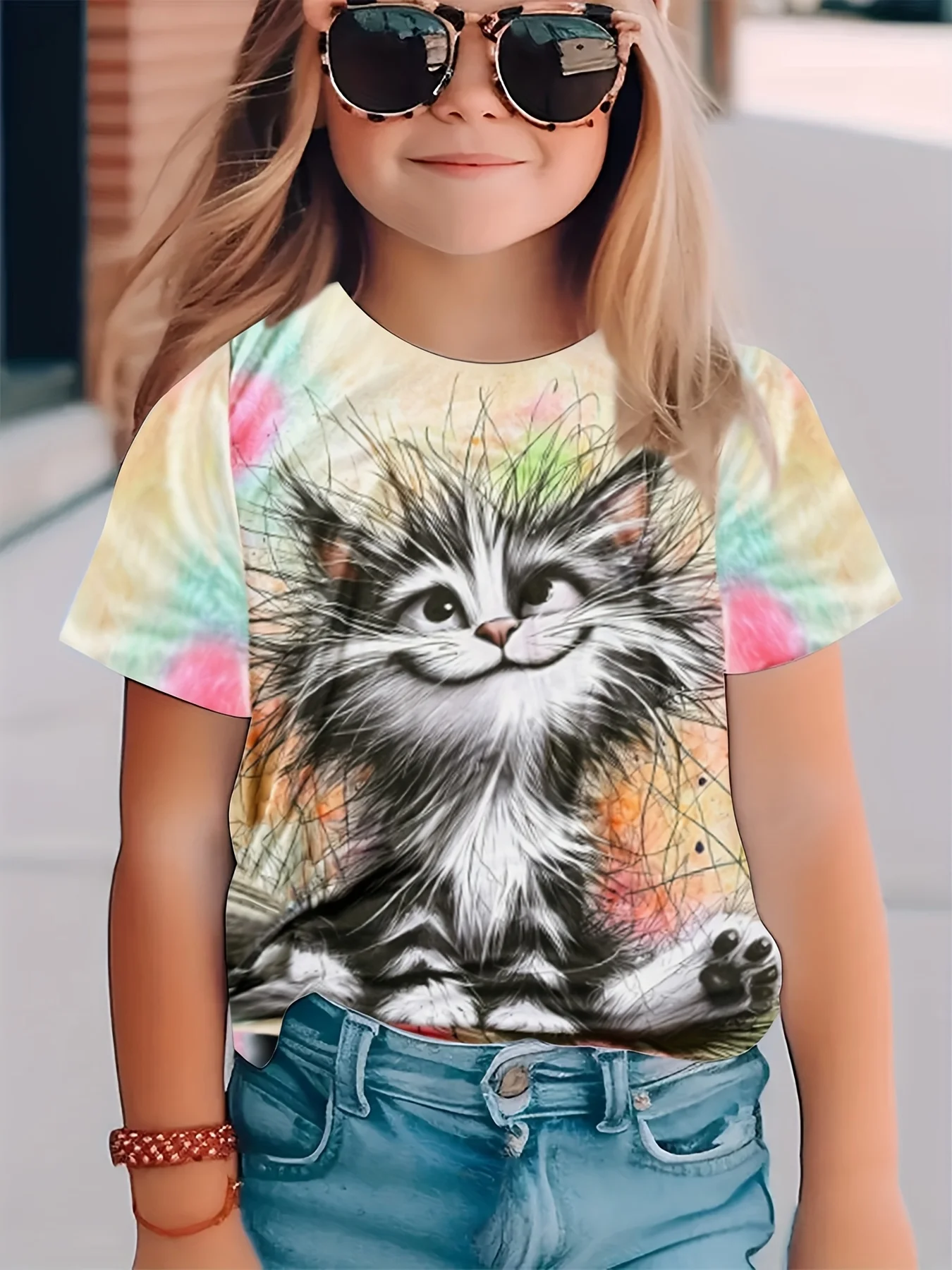 

Новая летняя одежда для девочек, футболка с рисунком милого кота, топы с короткими рукавами для девочек от 4 до 6 лет, повседневная детская одежда