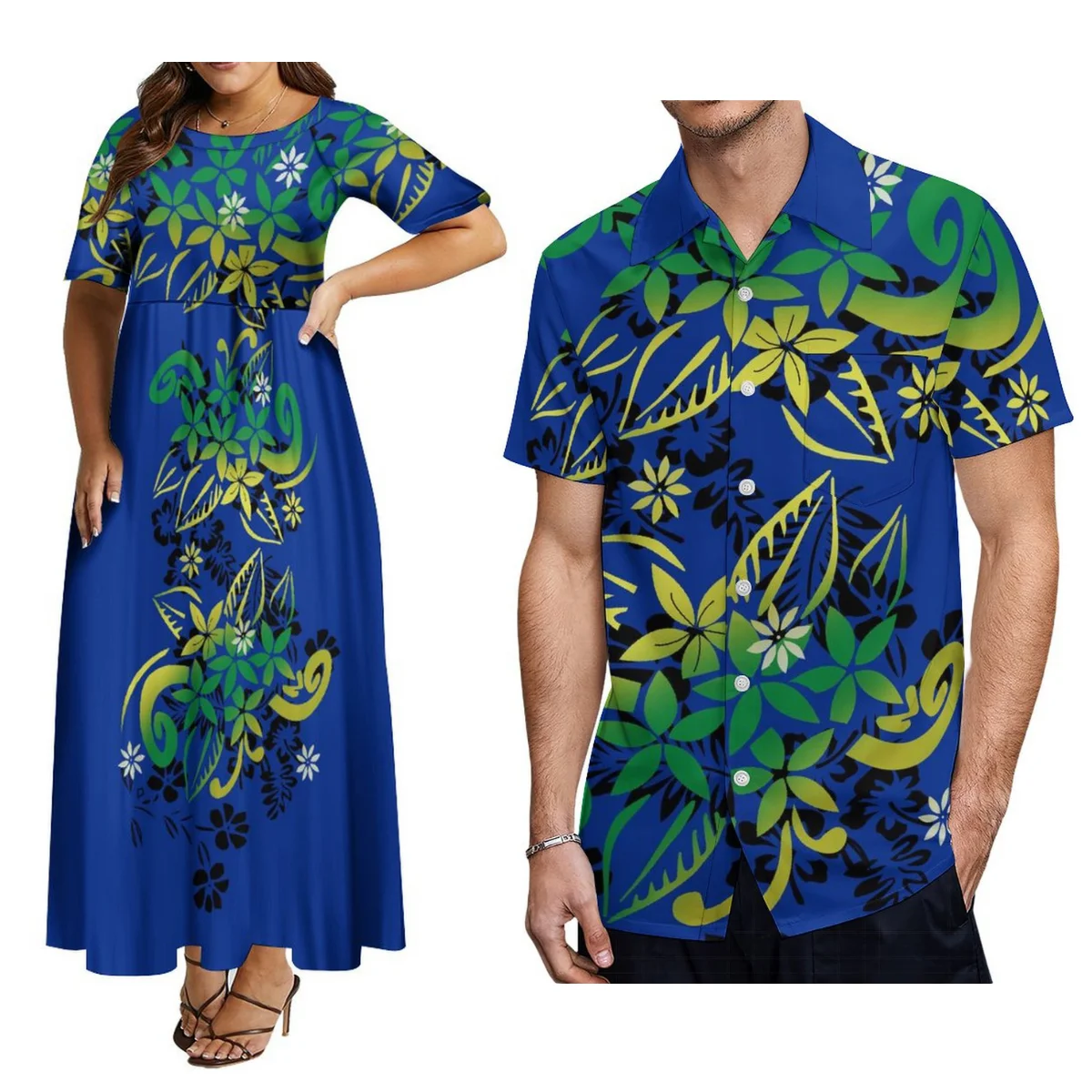 Hawaiian Vacation Art Couple Set Polynesian Tribal Vintage Style Women'S Crew-Neck Dress With Men'S Aloha Plus-Size Shirt