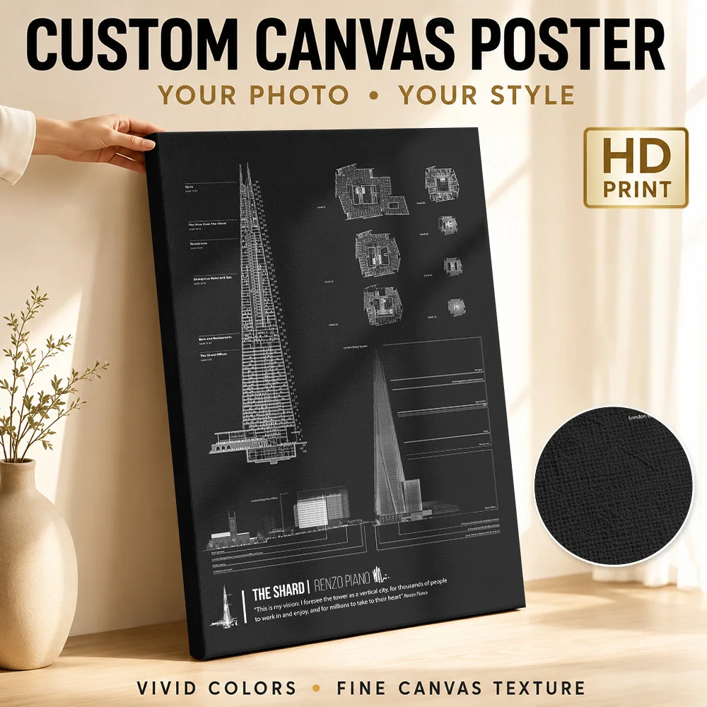 Shard Skyscraper Diagram Canvas Print Customized Photo Technical Graphic Wall Art For Travel Agency, Architecture Lover Gift