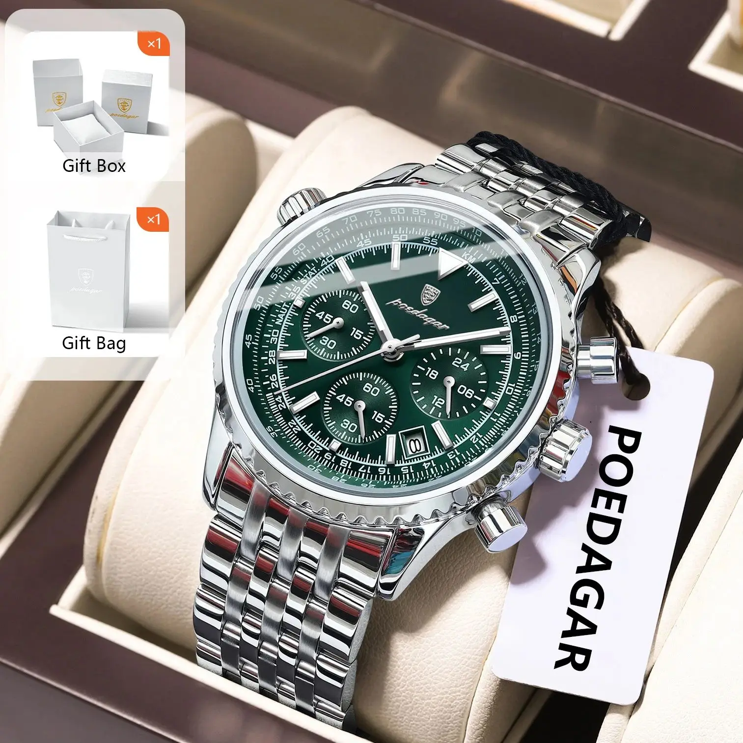 

POEDAGAR Роскошные спортивные мужские часы из нержавеющей стали с хронографом и датой, мужские часы, водонепроницаемые светящиеся военные мужские кварцевые часы + коробка
