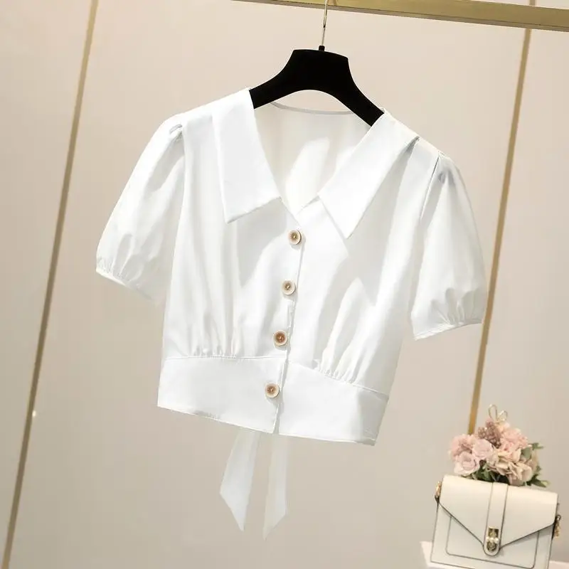 Summer New White Lacing Short Blouse Polo Neck Short Sleeve Bandage Solid Color Casual Shirt Tops Sweet Fashion Women Clothing