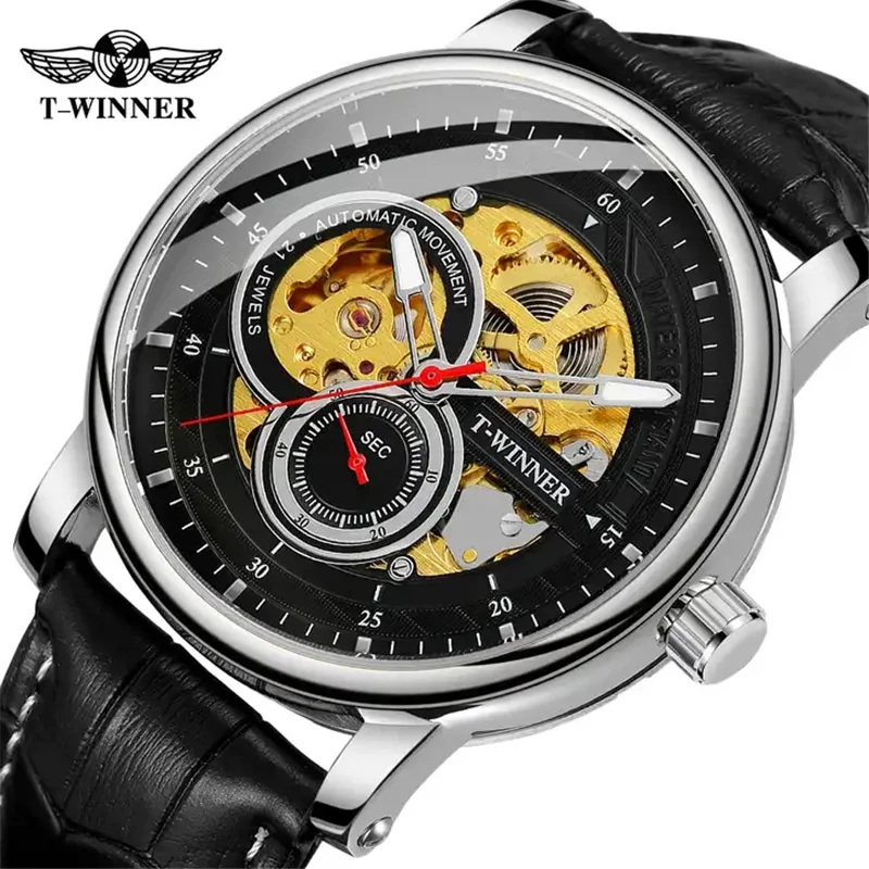 

Winner 142A Мужские повседневные спортивные часы Кожаные военные автоматические мужские механические наручные часы Скелет Многоцветные часы для мальчика