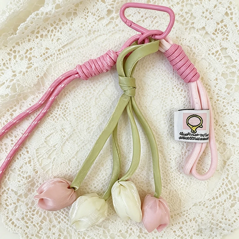 New Fresh Style Tulip Flower Bag Charm High Aesthetic Keychain Handbag Decorative Nylon Lanyard Sweet Spring Style