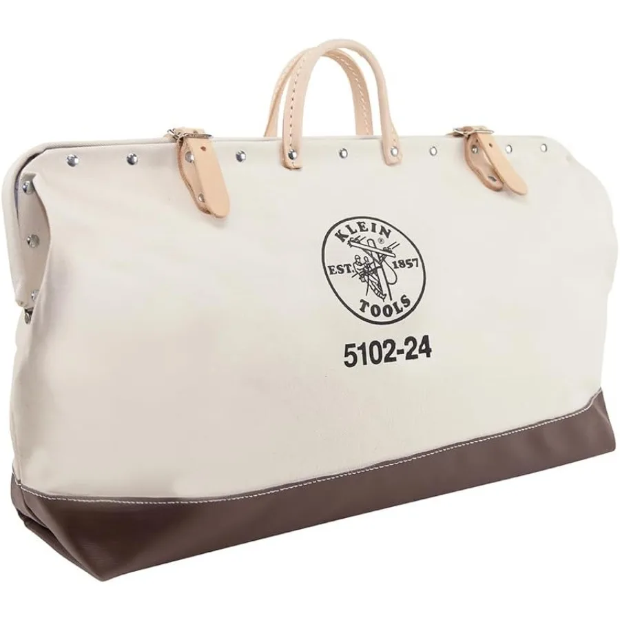 

Heavy Duty Natural Canvas Tool Bag 24-Inch Multi-Purpose Tote with Wide Hinged Opening and Leather Handles for Workshop or Job