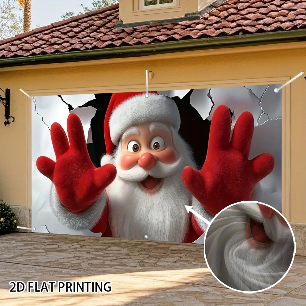 

2D Flat Santa Claus Wall Breakthrough Garage Door Banner - 2D Flat Durable Easy to Install with Fixing Rope Garden Party
