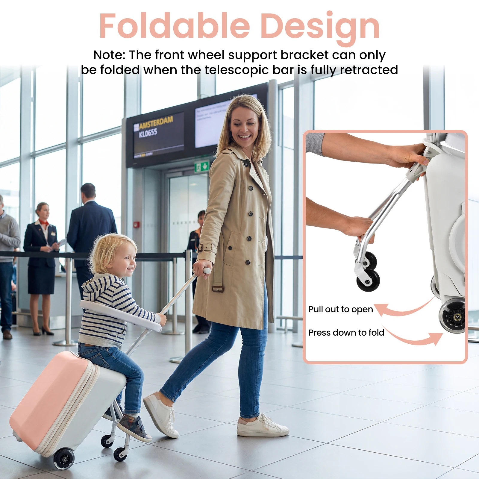 Kids Ride on Suitcase 20 Inch Stroller Luggage 2 in 1, Rideable Carry on Travel Bag with Detachable Seat, Toddler Suitcase with Smooth Spinner Wheels and Telescoping Handle for Boys Girls, Blue and Pink view 7