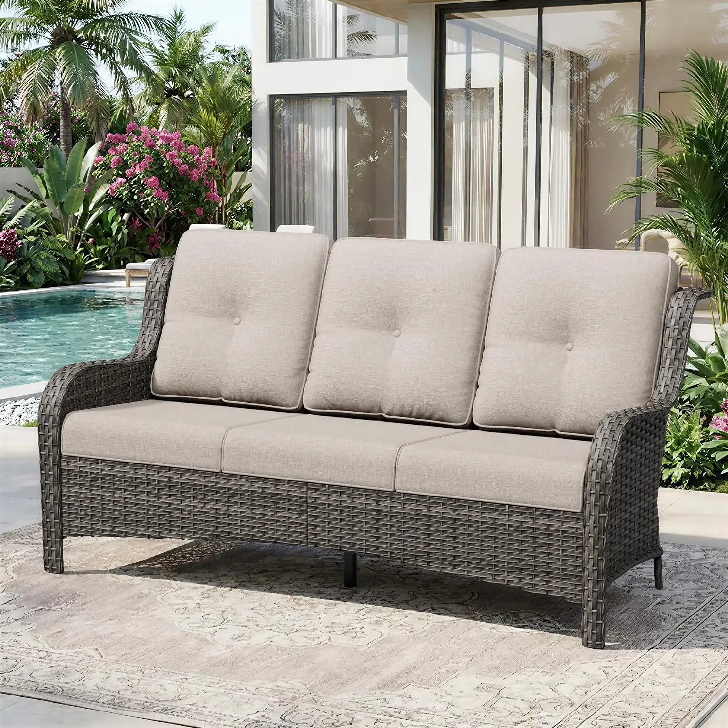 3 Seat Outdoor Couch, Wicker Patio Sofa with Thickened Olefin Cushions, High Back and Deep Seating, Hand-Woven PE, Customized