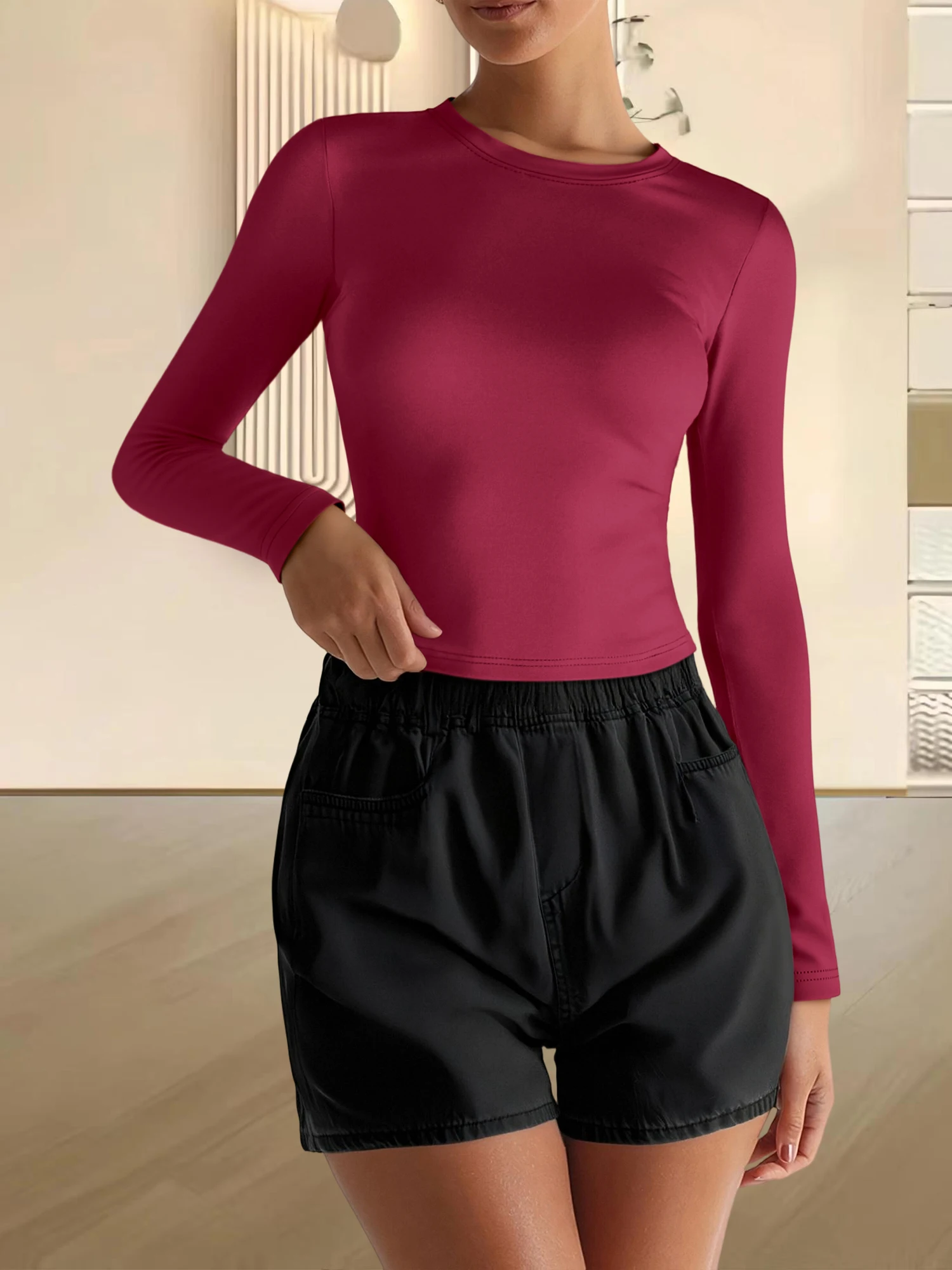 Women Casual Daily Crew Neck Long Sleeve Cropped Top Slim Fitted Solid Color Basic Tee Shirts Streetwear Fashion Short Blouse