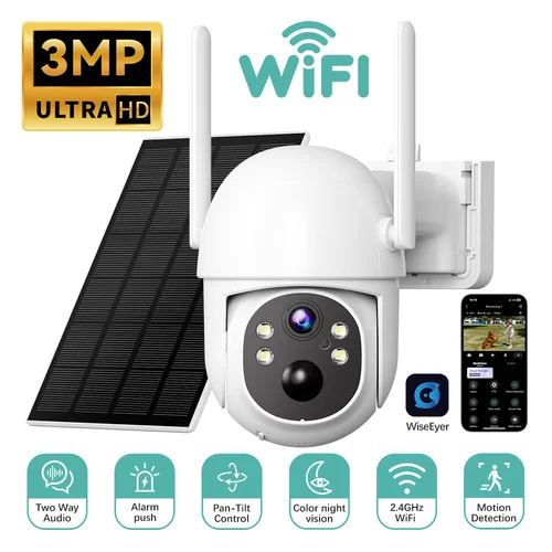 Imagen 1 del producto Cámara de seguridad CCTV con energía Solar Pan-Tilt para exteriores de 3MP, 2,4 GHz, WiFi, visión nocturna en Color, detección de movimiento para vigilancia del hogar