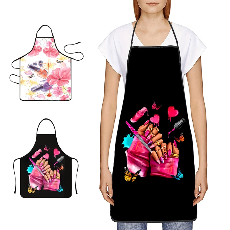 Nail Polish Printing Beauty Kitchen Women Apron Household Cleaning Pinafore Salon Home Cooking Baking Manicure Work Clothes