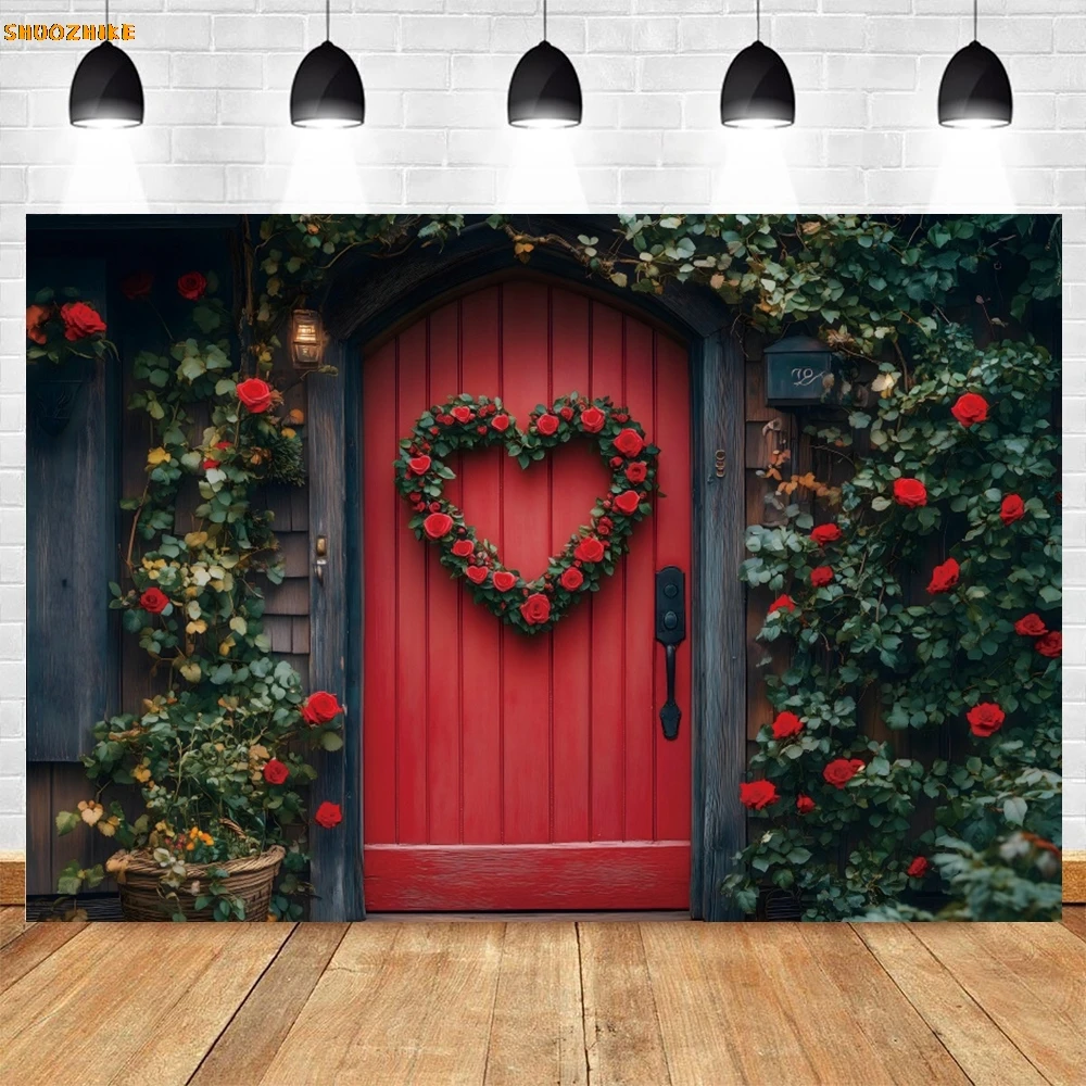 Fondo romántico del Día de San Valentín flor rojo amor corazón casa puerta de madera pareja retrato boda fiesta fotografía fondo