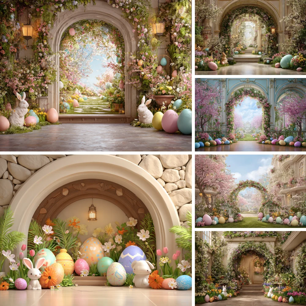 

Spring Easter Arch Flowers Backdrop Floral Garden Rabbits Colorful Eggs Grass Baby Kids Portrait Birthday Party Photo Background