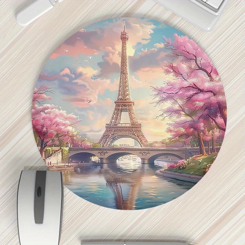 Eiffel Tower Round Mouse Pad Non Slip Thick Rubber Desk Mat Office Home Use Gaming Mat Pc Gamers Desktop Organizer