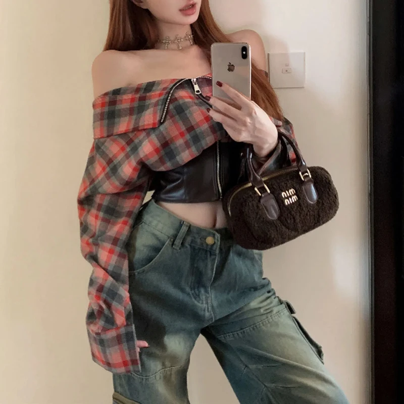 Vintage Plaid Off Shoulder Short Shirt Tops Spring Autumn New Zipper Patchwork Sexy Blouse Fashion Temperament Women Clothing