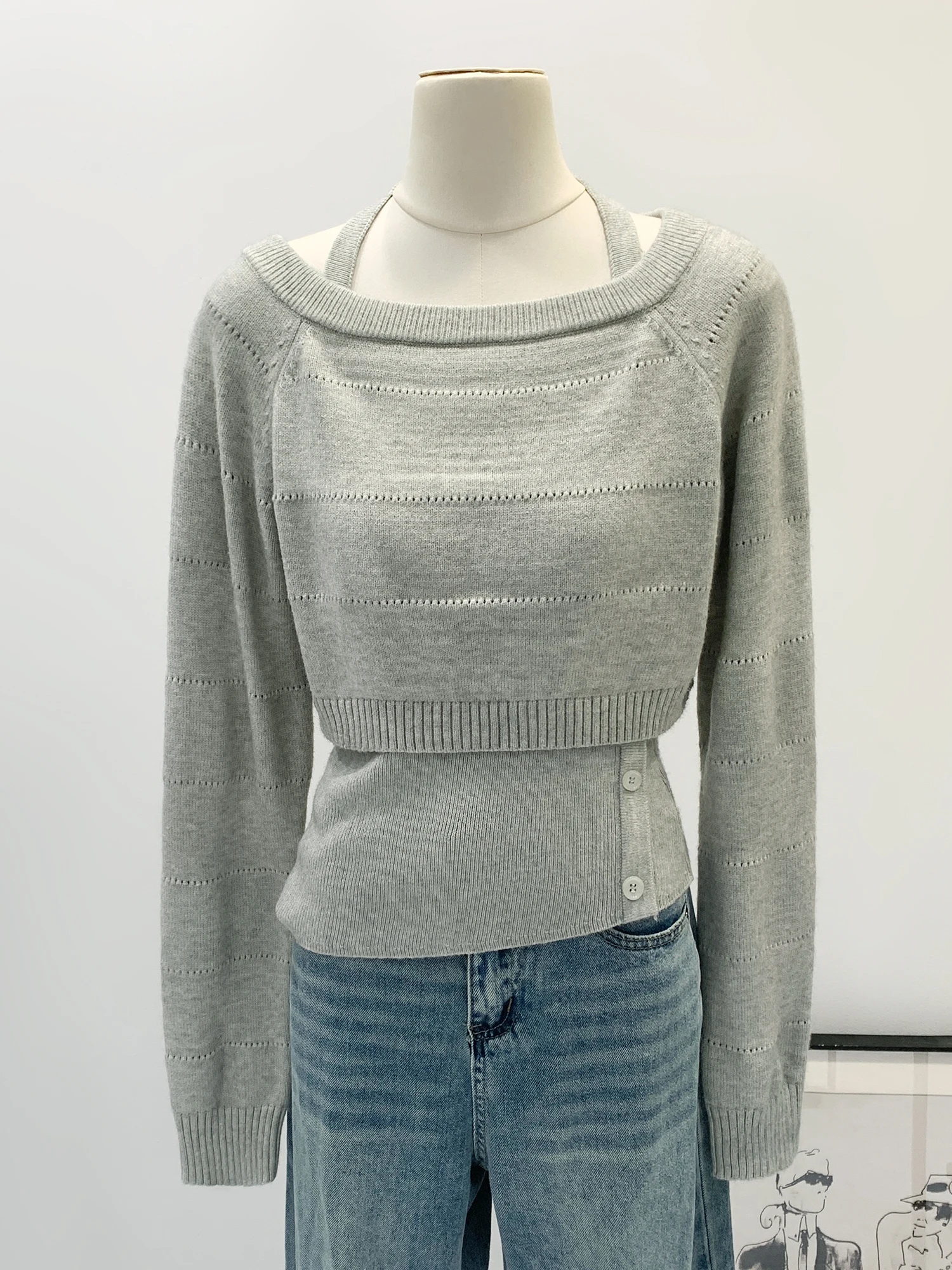 

Gray Inner Wear Halter Vest Short Women's Knitted Two-Piece Set Winter New Style Casual Comfortable Polyester Blend Knitwear