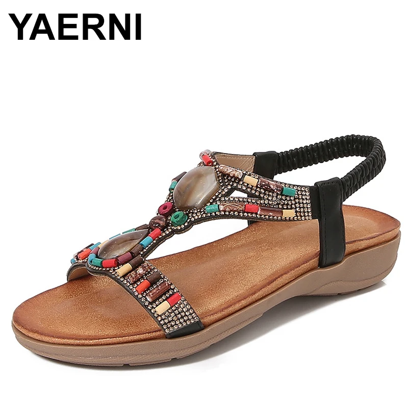 

Летние богемные сандалии большого размера с открытым носком, модные эластичные сандалии без шнуровки из бисера, женская обувь из синтетической кожи в римском стиле