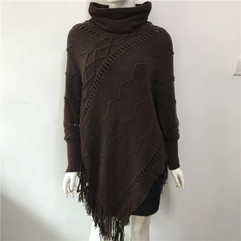 Spring Autumn New Imitation Cashmere Tassel Sweater Women's High Neck Warm Sleeve Pullover Cloak Lady Sunscreen Black