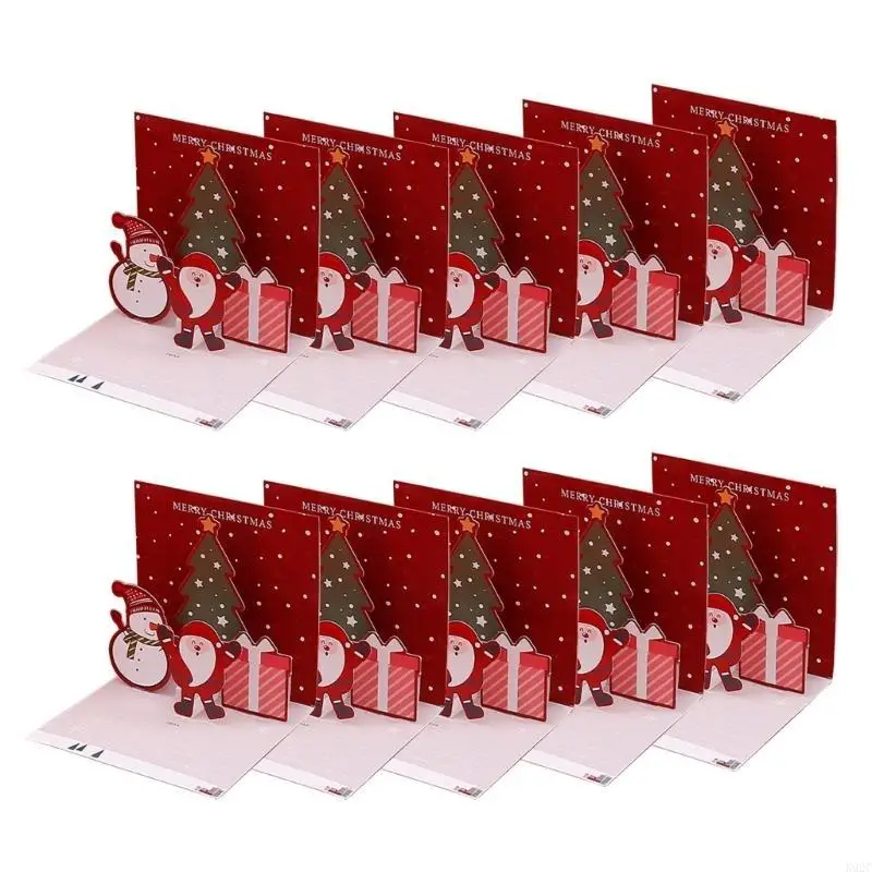 10Pcs 3D Christmas Card Lined, 4.3'' Holiday Card with Envelope and Seal Sticker for Christmas, Business, Home Use K92C