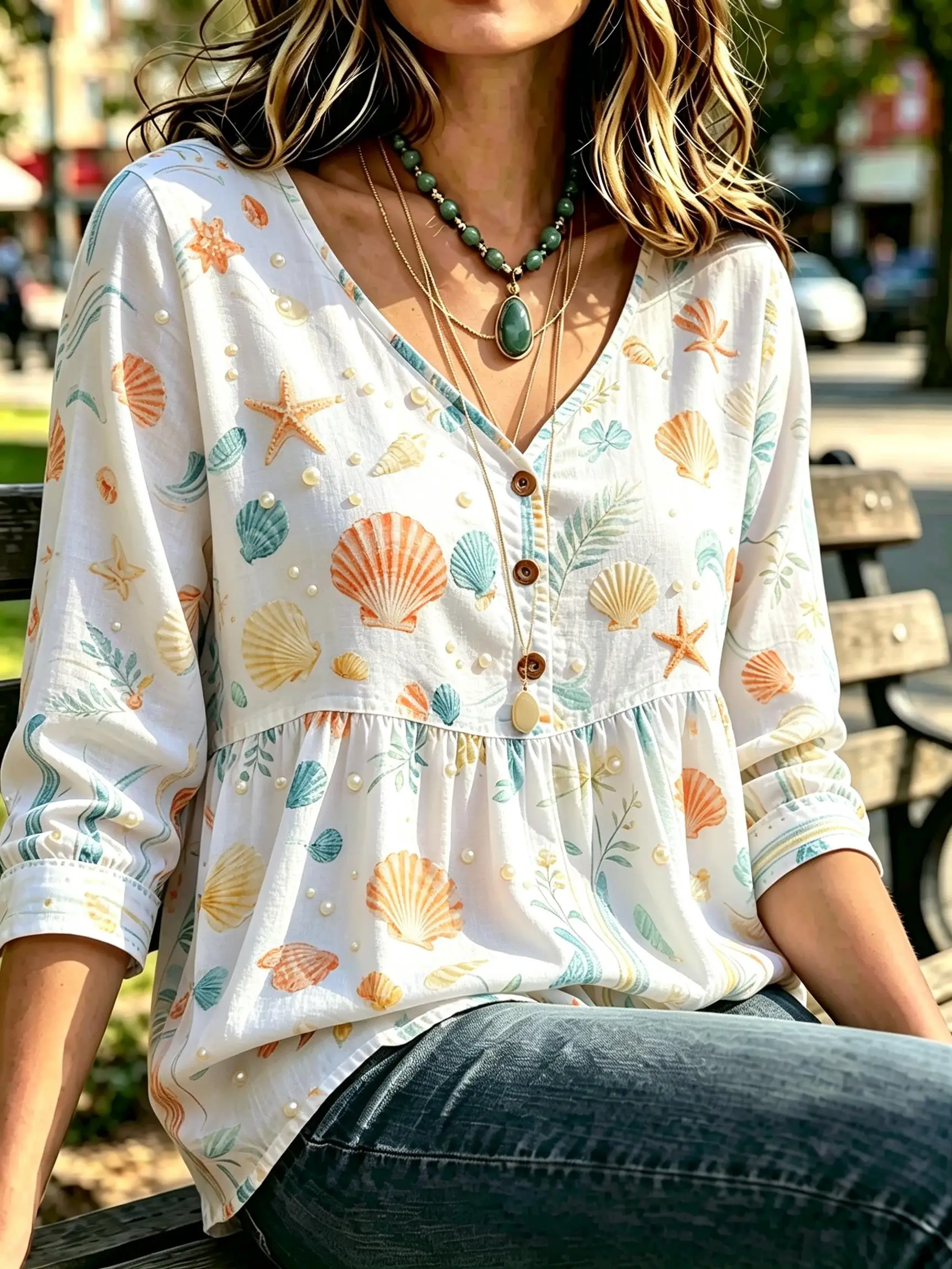 Women Loose Babydoll Tunic Top, Seashell Starfish Wave Texture Print, V Neck Half Button 3/4 Sleeve Casual Daily Beach Blouse