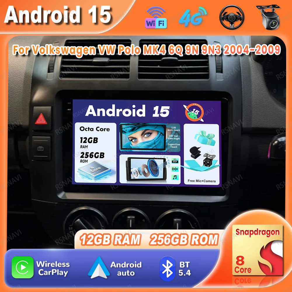 

Car Radio Android 15 For Volkswagen VW Polo MK4 6Q 9N 9N3 2004-2009 QLED Navigation 5G WIFI Autoradio Wireless Carplay Auto GPS