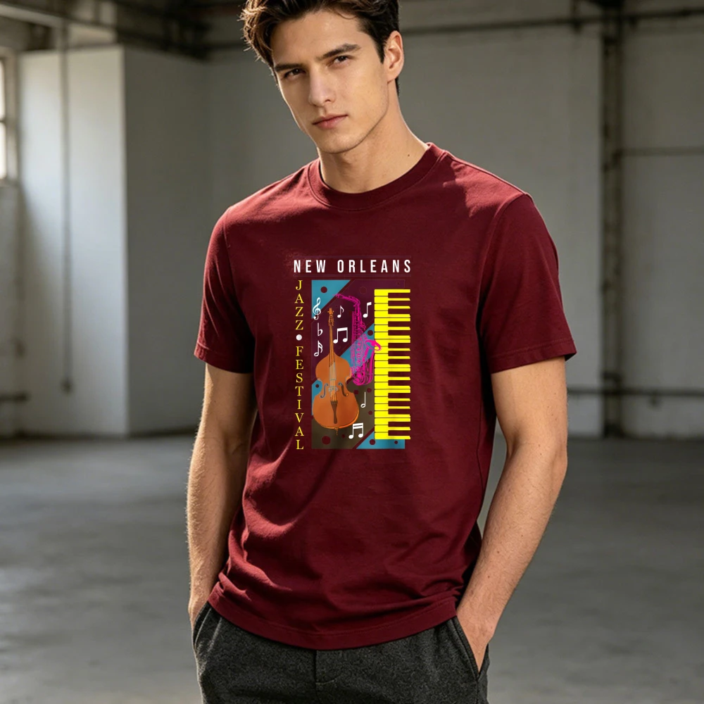 Jazz Music New Orleans Music Festival Musical Souvenir T-Shirt Men Vintage Cello Piano Sax Print Tee Concert Fan Casual Tops