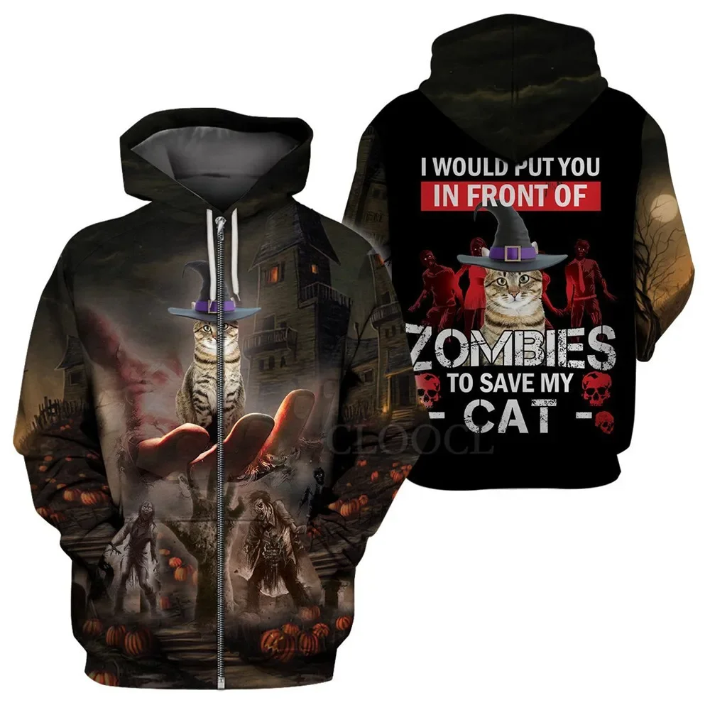 HX Halloween Zipper Hoodies 3D Graphic Dog Pitbull And Zombie Hoodie Pocket Casual Sweatshirts Harajuku Men Clothing