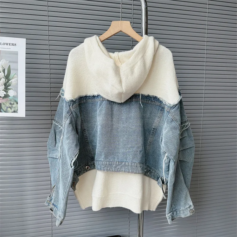 Denim Spliced Sweater Jacket Women Cardigan Hoodies Pocket Zipper Fashion Autumn Winter Casual Knitted Sweaters Coat Female