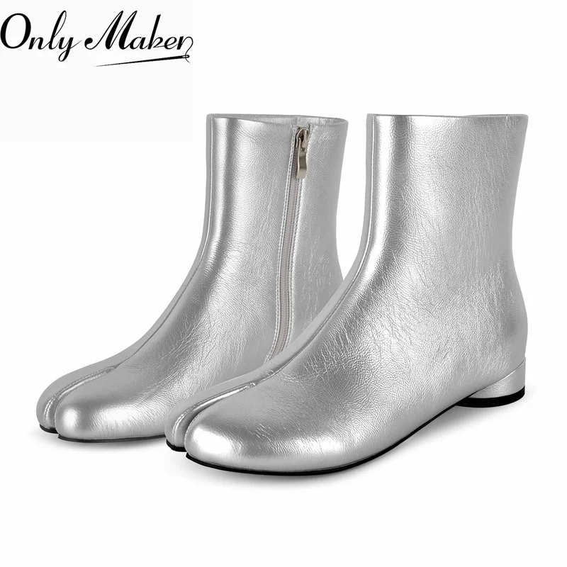 Onlymaker Women Metallic Silver Split Tabi Toe Ankle Boots Faux Leather Side Zipper Square Low Block Heel Chelsea Ankle Boots