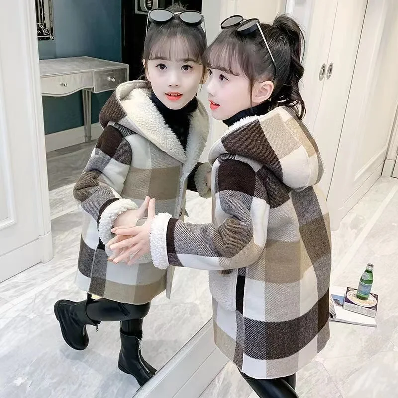 New Spring Autumn Winter 2024 Children Girls Casual Jackets Hooded Outerwear Fashion Woolen Long Coat Cute Baby Girls Outerwear