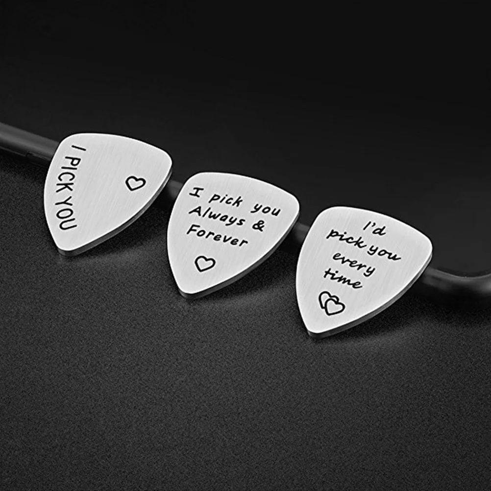

3pcs Guitar Picks Stainless Steel Thin Plectrum For Guitar Letter Design Durable Lightweight Silver Musical Instrument Accessory