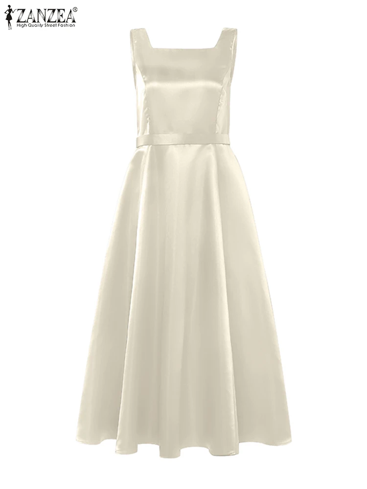 2025ZANZEA Elegante Lange Jurk Vrouwen Zomer Zonnejurk Mode Mouwloos Satijn Zijde Tank Vestido Terug Boog Sexy Feestavond Gewaad