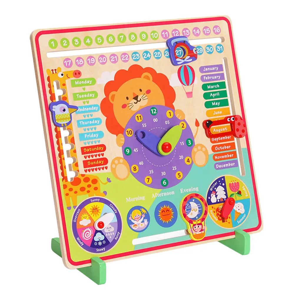 1Set Kids Wooden Clock Educational Early Learning Multifunctional Interactive Month Week Weather Matching Cognitive Gift