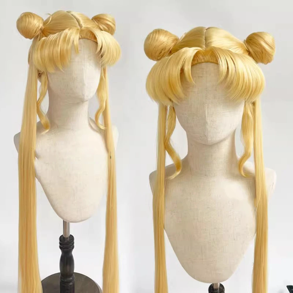 

Serena Tsukino Usagi Cosplay Wig Annie 130cm Blond Silver Double Long Ponytails Heat Resistant Synthetic Hair Wigs + Wig Cap