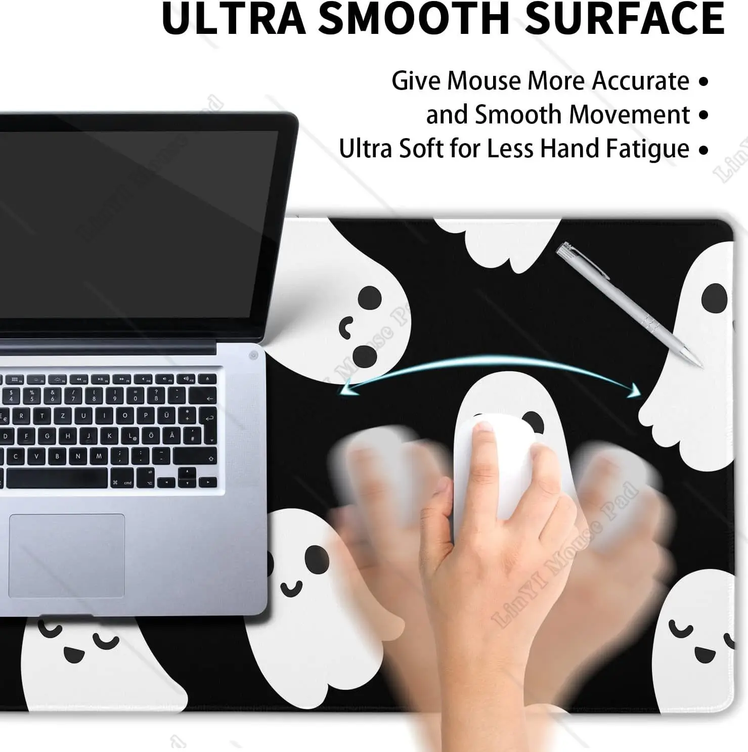 Halloween Cute Ghost Mouse Pad Cartoon Spooky Funny Desk Mat Non-Slip Rubber Base Stitched Edge Large XL  Mousepad for Laptop