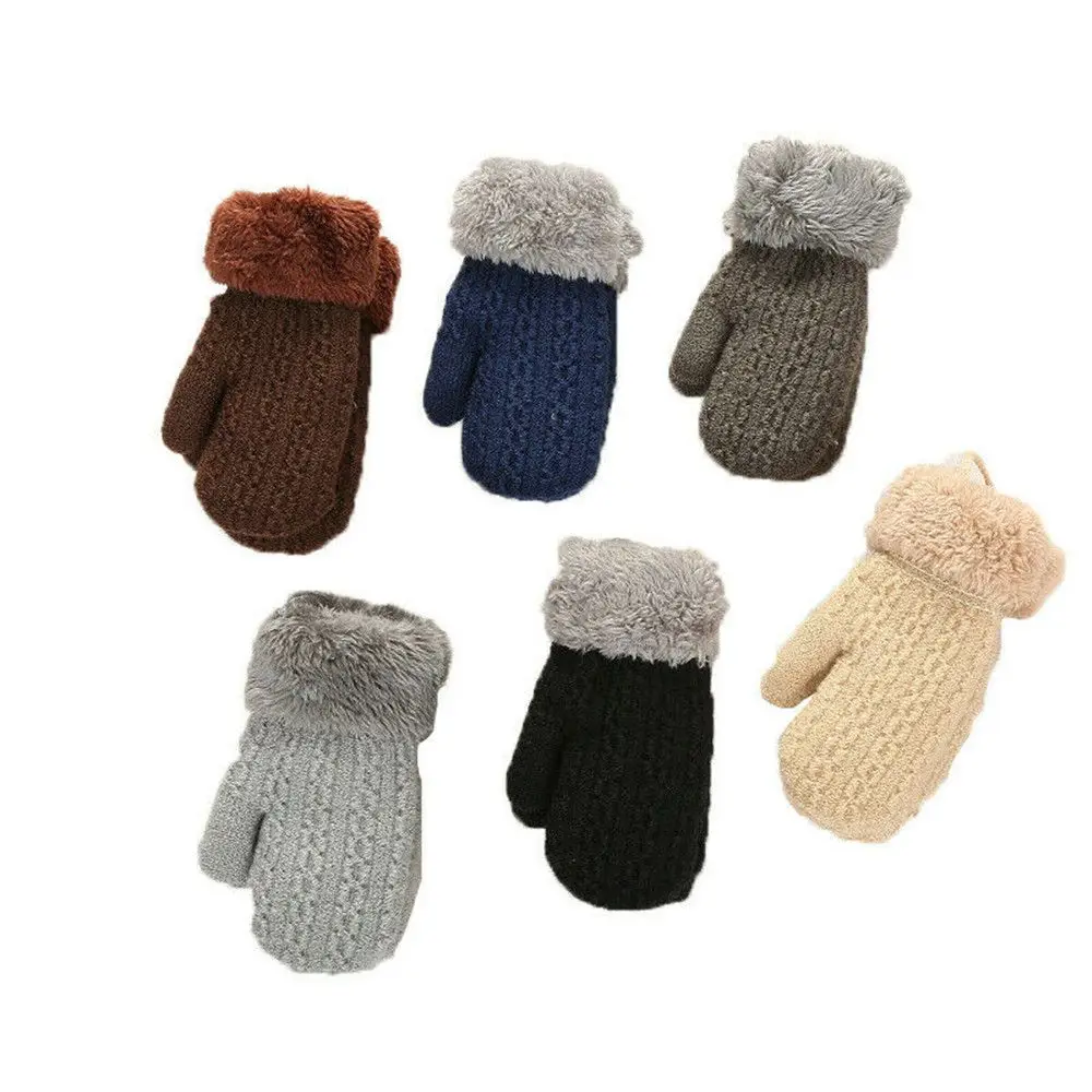 For 1-4 Years Winter Hanging Neck Faux Fur Kids Gloves Thick Warm Cute Cartoon Knitted Mittens