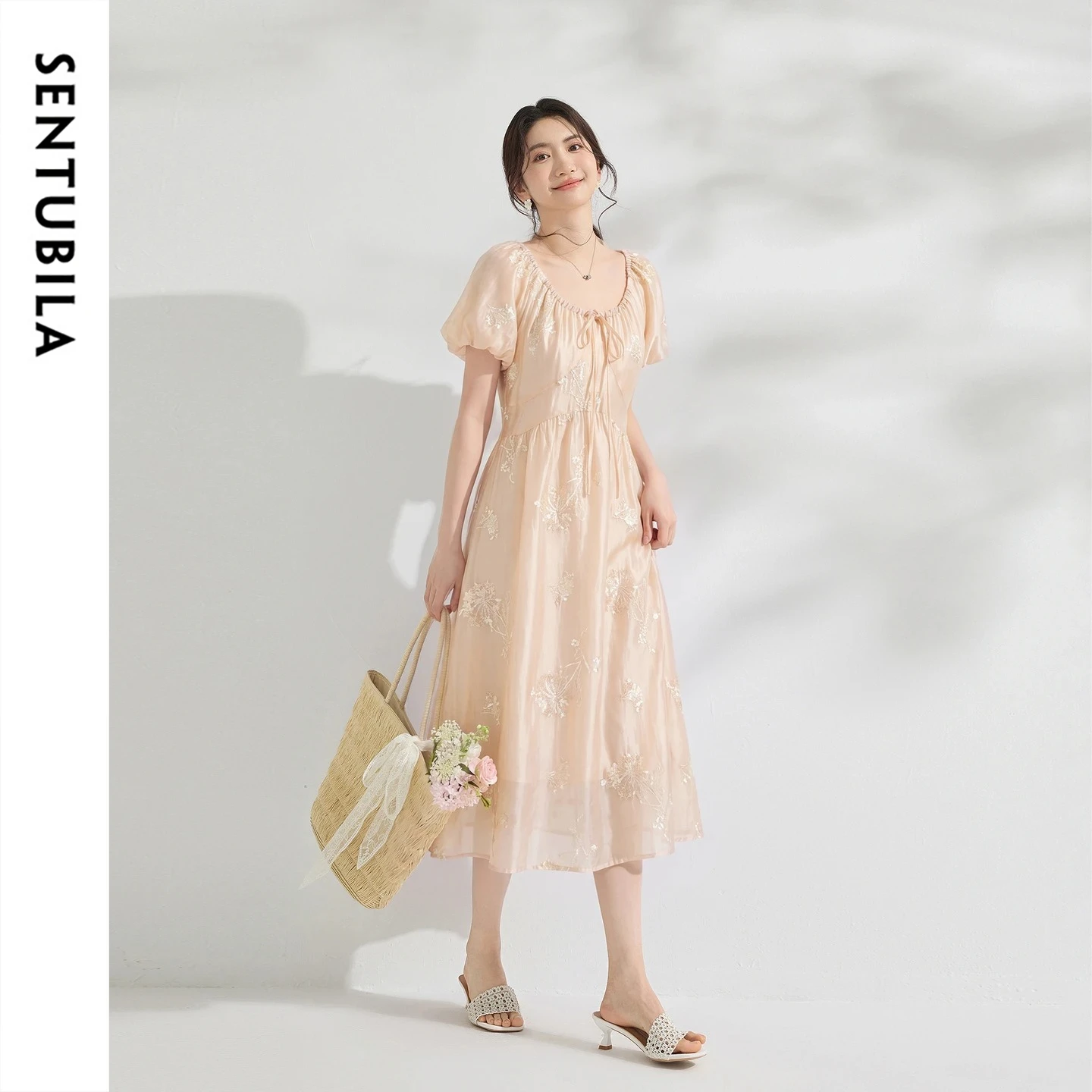 

SENTUBILA Elegant Commute Sequin Embroidery Women's Dresses Ruched Neck Drawstring Lantern Sleeves Summer Loose Dress 162LO7476