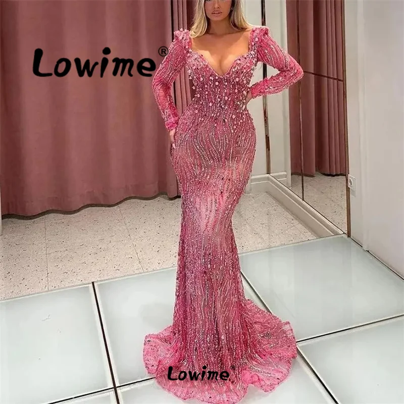 Lowime Aso Ebi Crystals Mermaid Prom Dress Pink Evening Gowns Formal Party Engagement Dresses Long Sleeve Robes Custom Made 2024