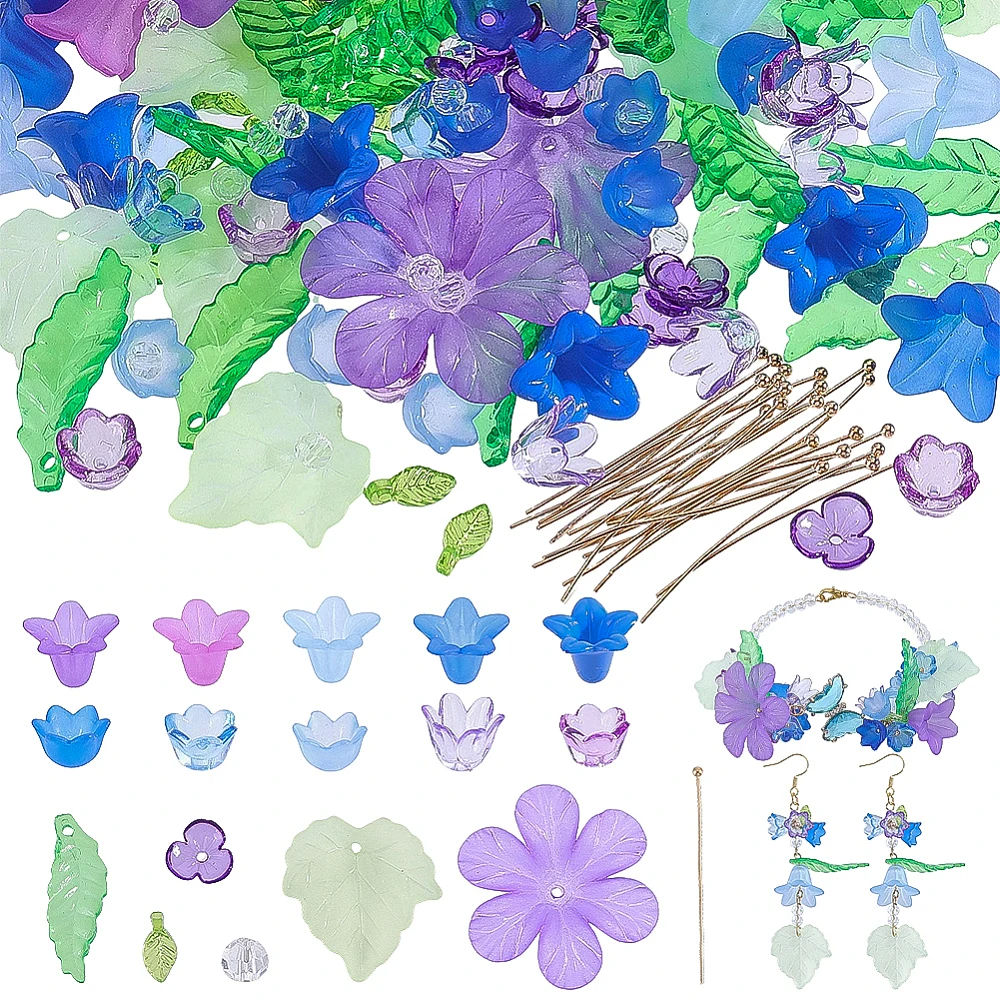 582Pcs Acrylic Assorted Beads Kit 445Pcs Acrylic Flower and Leaf Beads 87Pcs Round Glass Beads 50Pcs Brass Ball Pins Blue/Purple
