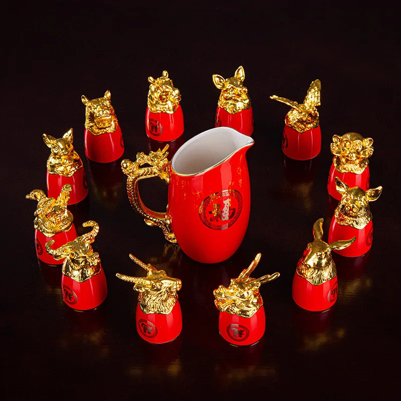 

Ceramic Twelve Zodiac Animal Heads High-end Set Gold-plated Gift Small Mouth 12 Cups Divider White Wine