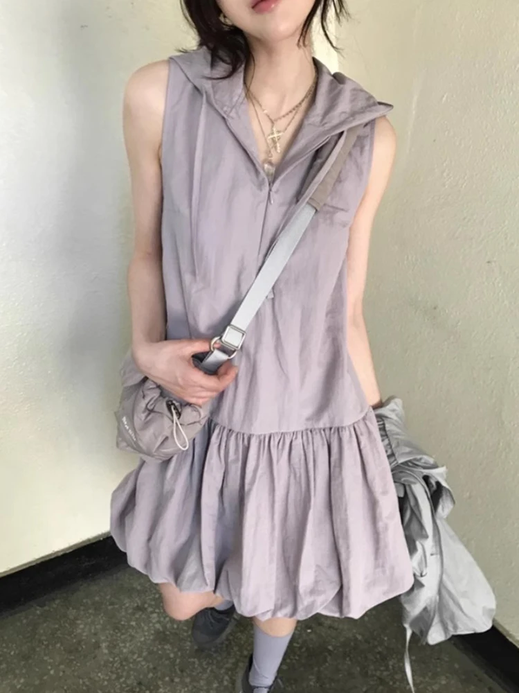 

Fashion Zipper Purple Hoodie Vest Dress for Women Y2k Patchwork Ruched A-line Dresses 2025 Summer New Vestidos De Mujer
