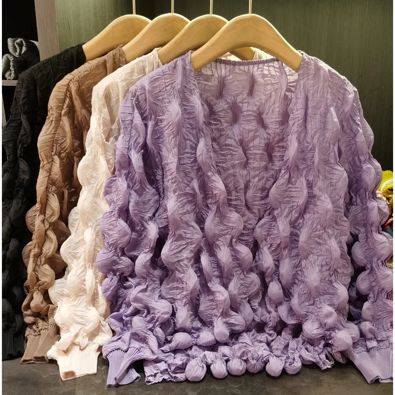 Unique Design Puff Sleeve Chiffon Blouse Top for Women 2026 New Stretch Fashion Long Sleeved Loose Sweet Pleated Miyake Jacket
