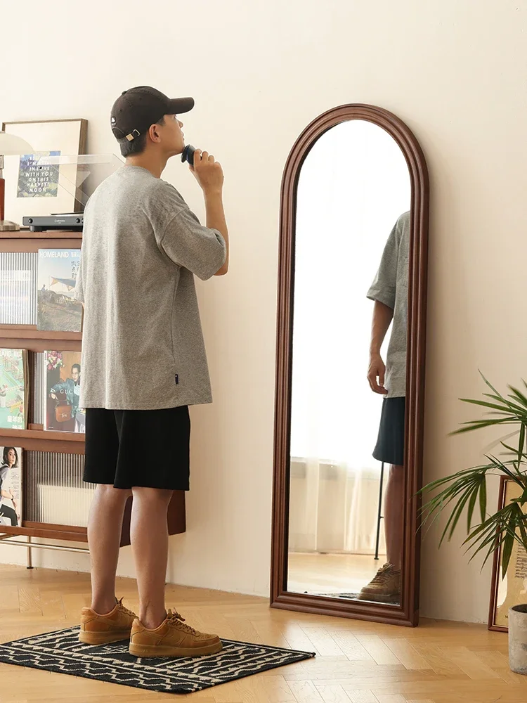 Retro solid wood full-length mirror household small apartment floor-to-ceiling mirror wall-mounted bedroom log large mirror