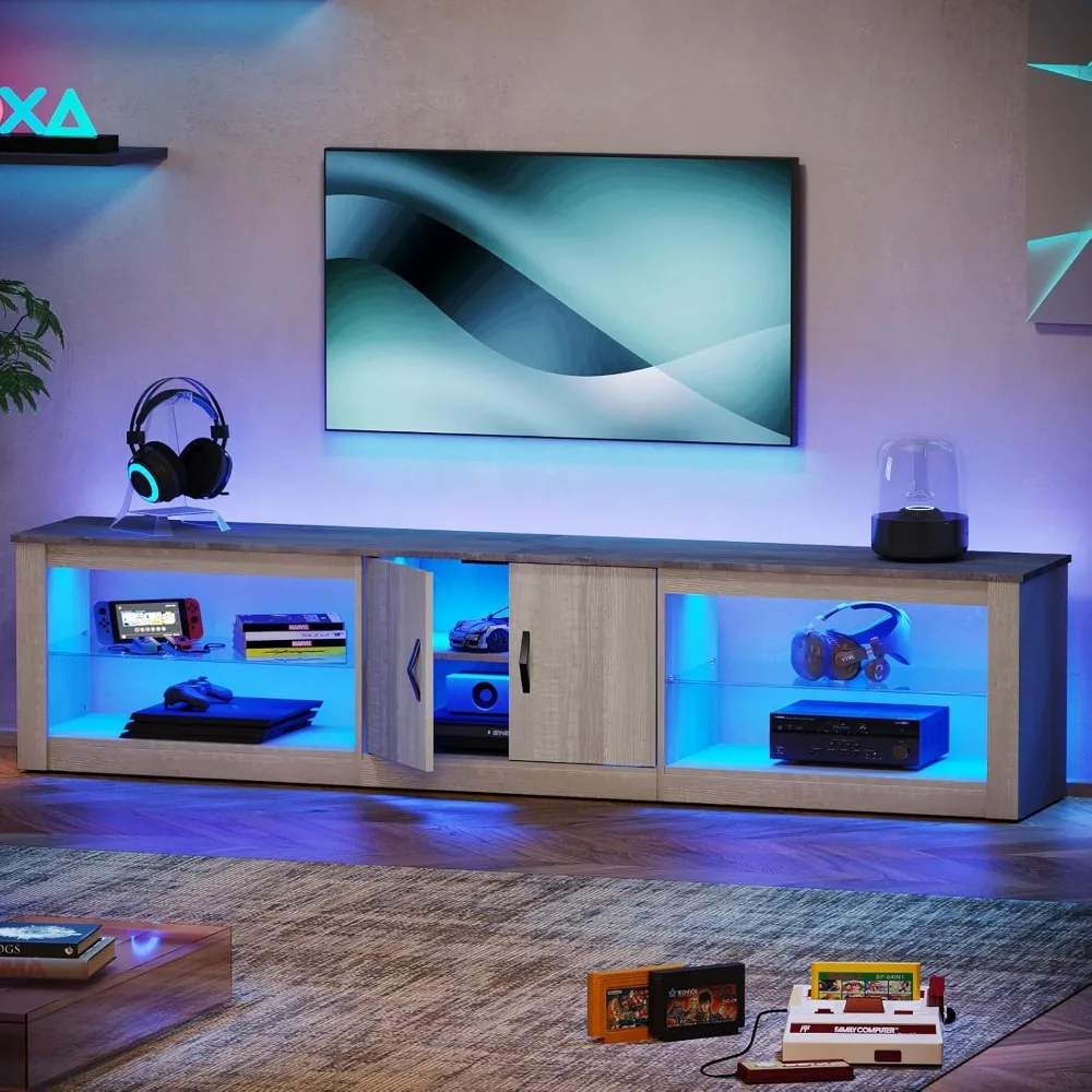 حامل تلفزيون LED لأجهزة التلفاز مقاس 75-86 بوصة، ومركز ترفيه مع خزانة تخزين ورف زجاجي قابل للتعديل لألعاب PS5