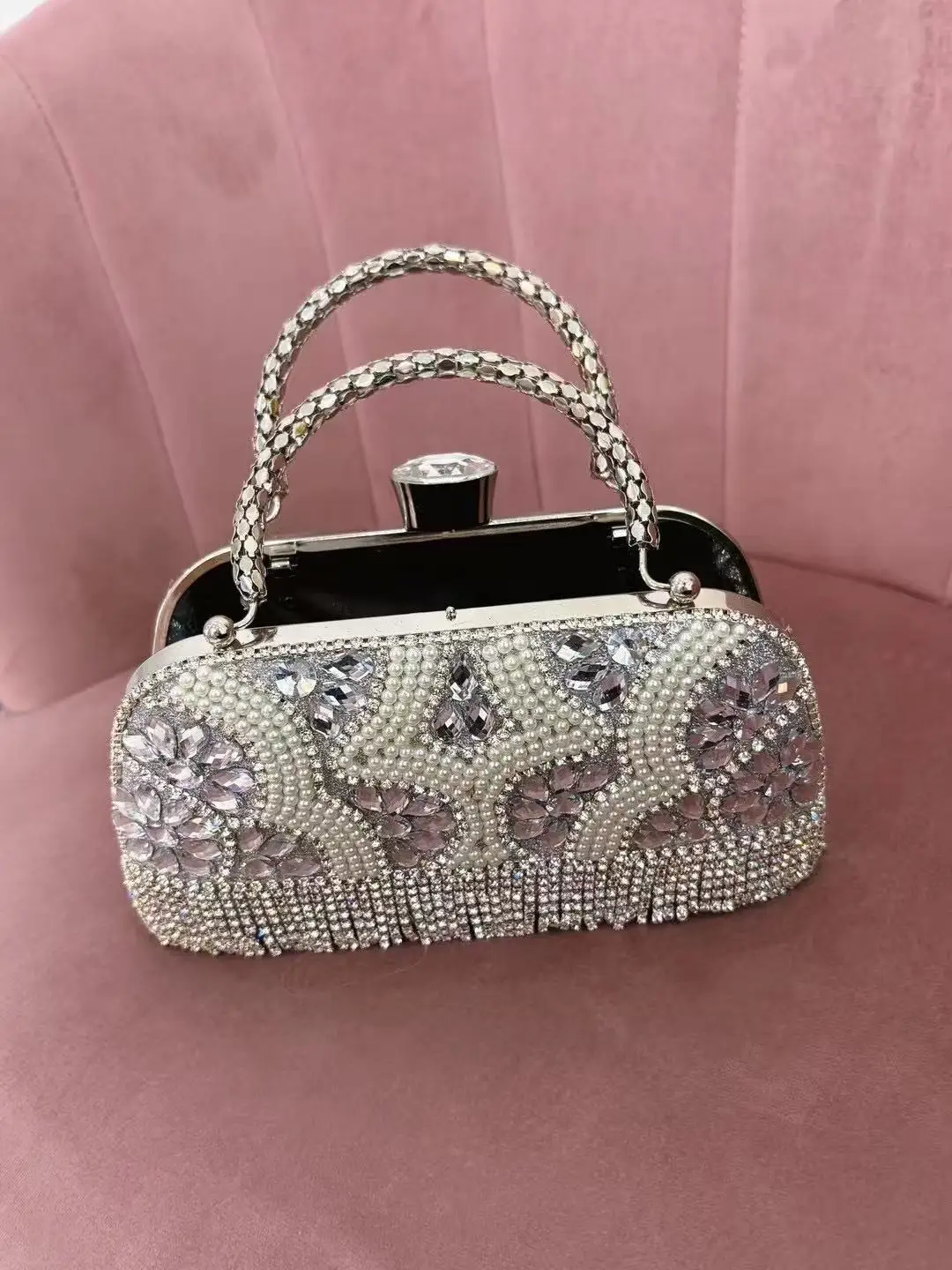 Fashion Pearl Beaded Women Handbag Glitter Rhinestones Diamond Tassel Evening Bag Wedding Party Clutch Purse Luxury Shoulder Bag view 6