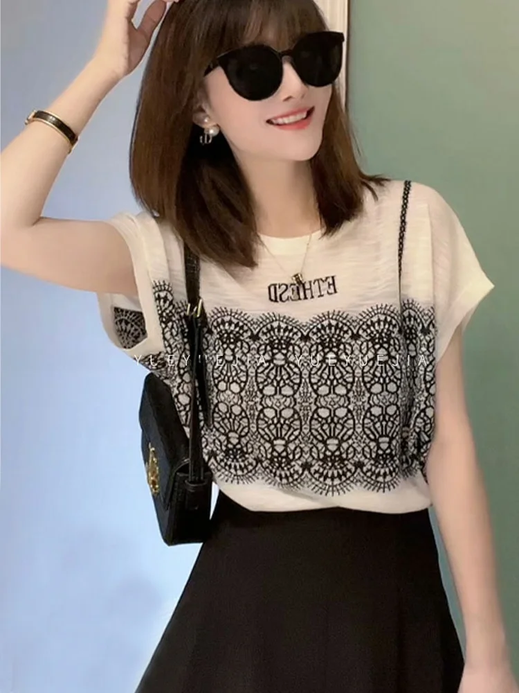 

Korean Sle Chic Lace Splice oulder ort Sve T-irt Women's Summer Faion Youthful Unique Fake Two-Piece Top round Ne
