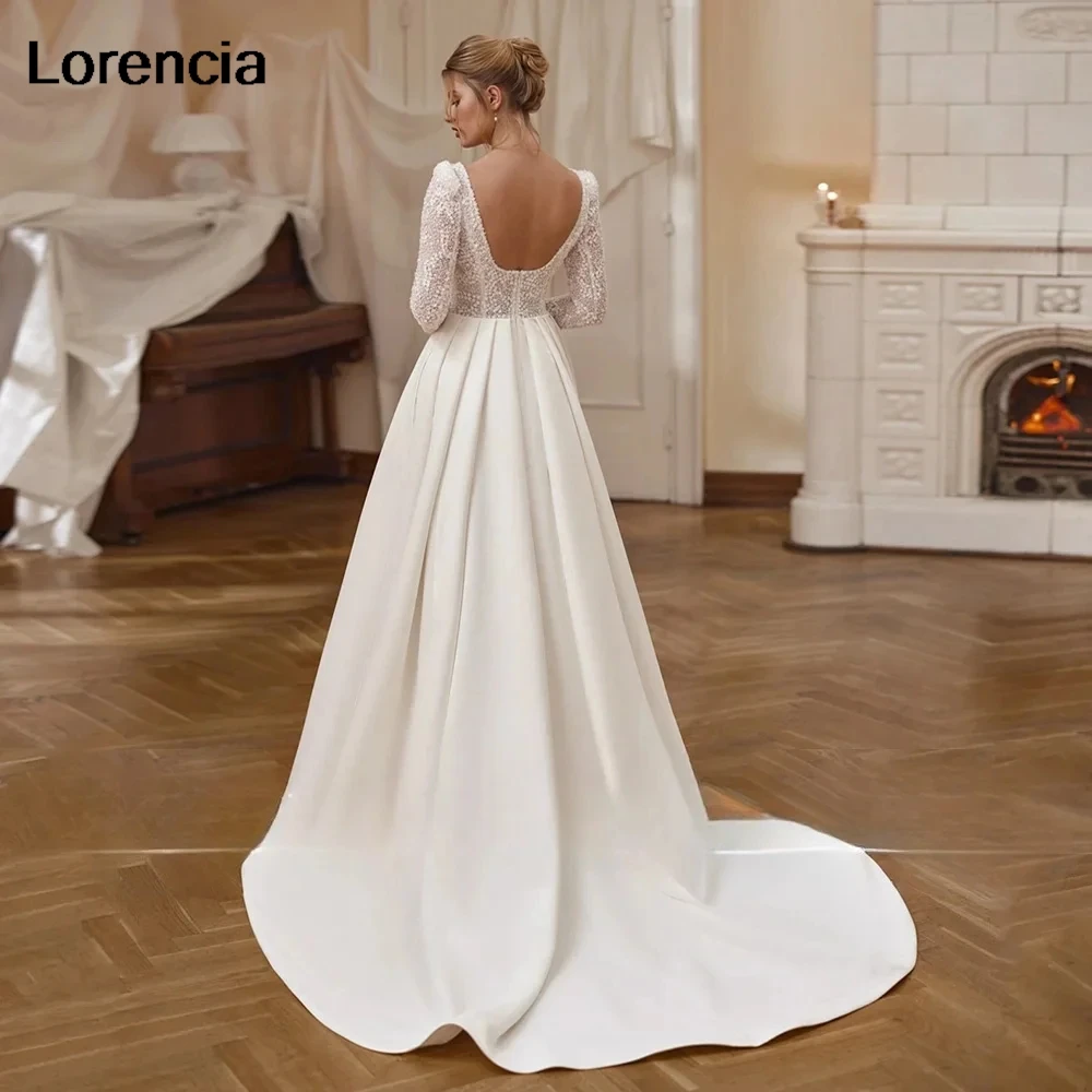 Lorencia New Arrival Satin Wedding Dress Long Sleeves Beading Sequined Pocket A Line Bride Bridal Gown Robe De Mariée YAW118