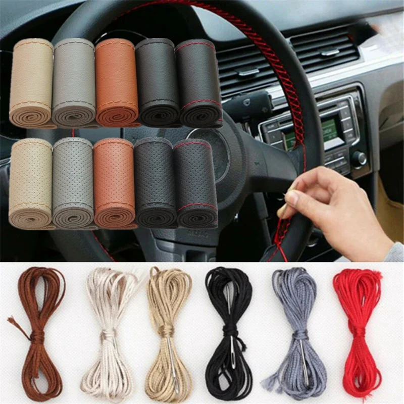 Leather Car Steering Wheel Cover Car Braid On The Steering Wheel 38 cm DIY Universal Auto Steering Wheel Cover Leather Case